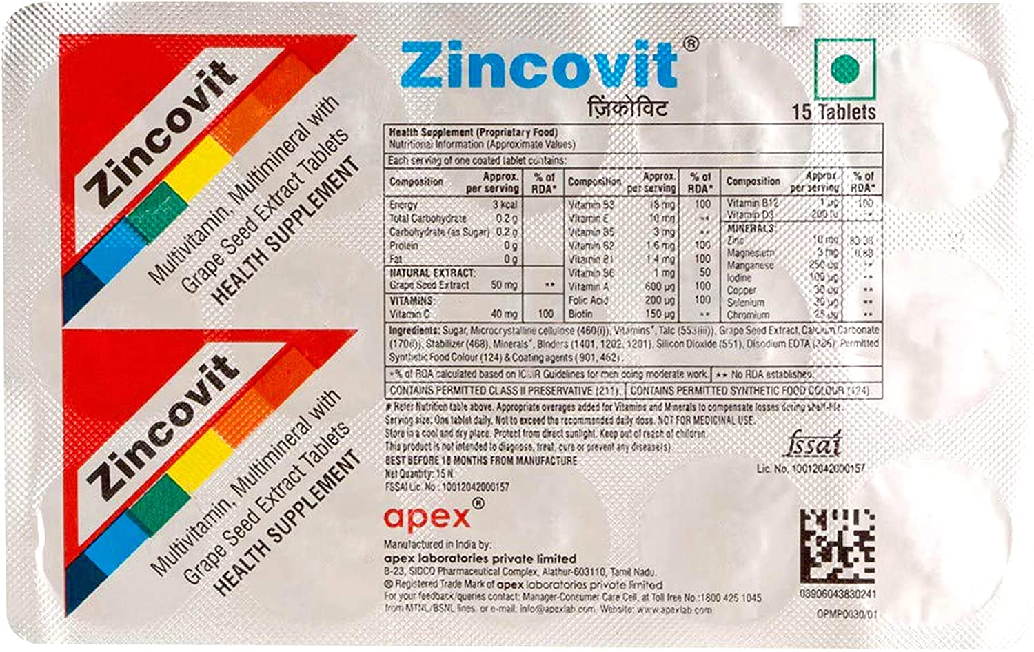 Ingredients of Zincovit table
